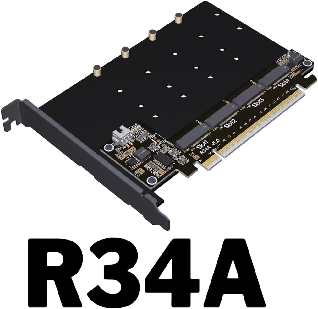 

JonISerl ADT-R34A PCIe5.0 x16 — 4-портовая разделенная карта жесткого диска M.2 NVMe 4x128 Гбит/с, адаптер расширения 1–4 Gen3 Gen4 Gen5 (R34)