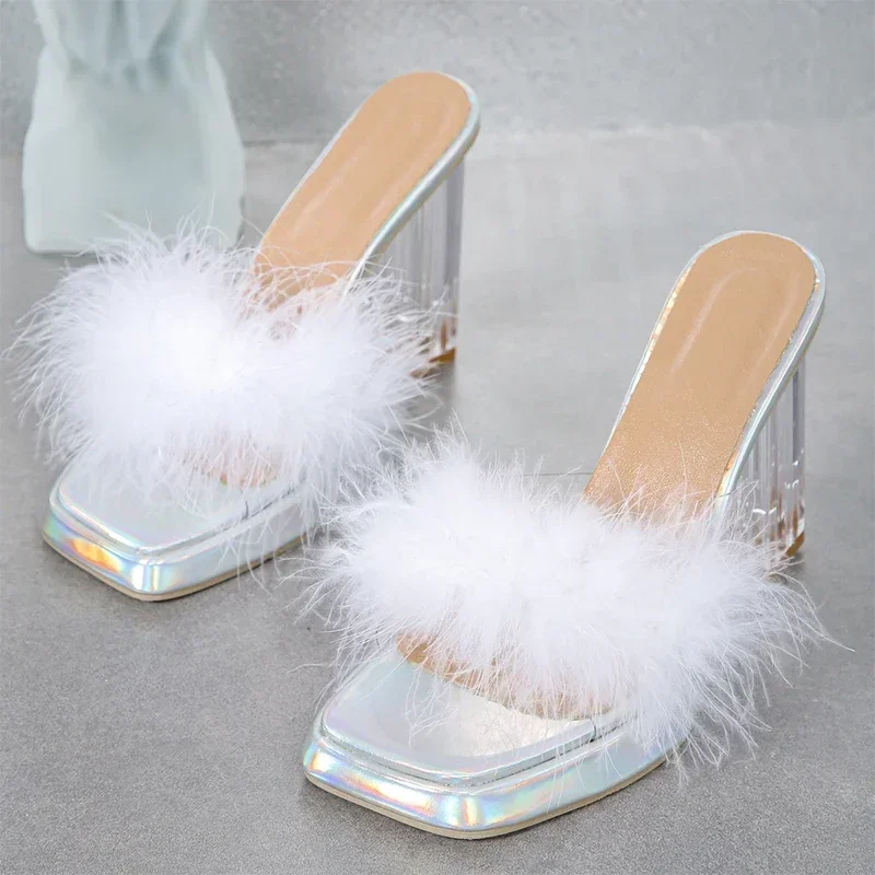 Fluffy Pvc High Heels Slippers Chunky Women Shoes Summer Dress Sandals 2024 Designer Transparent Flip Flops Pumps Femme Slides