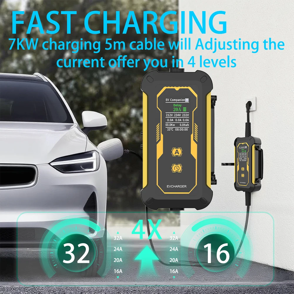 Unirise Type2 EV شاحن سيارة محمول 7KW 32A Wallbox الولايات المتحدة التوصيل Type1/GBT EVSE شحن سريع كابل 5 متر مع ضبط التيار/الوقت