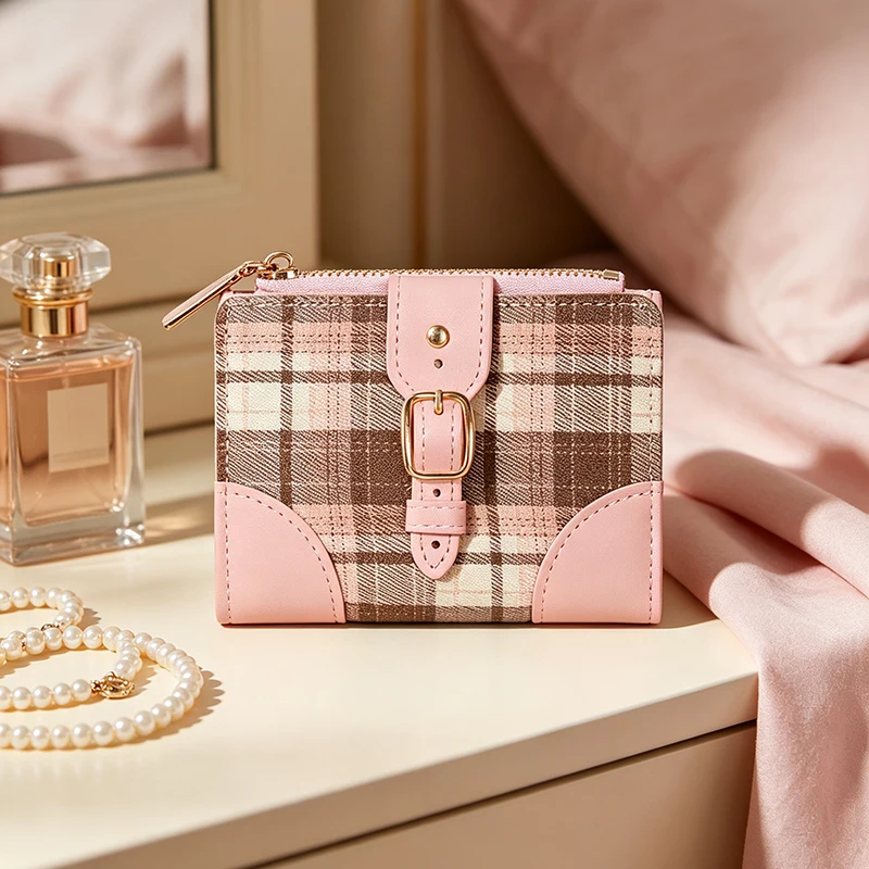 Plaid Belt Buckle Coin Purse Vintage Zipper Small Wallet Mini Pouch Card Holder Clutch Bag Retro Money Short Purse For Daily Use