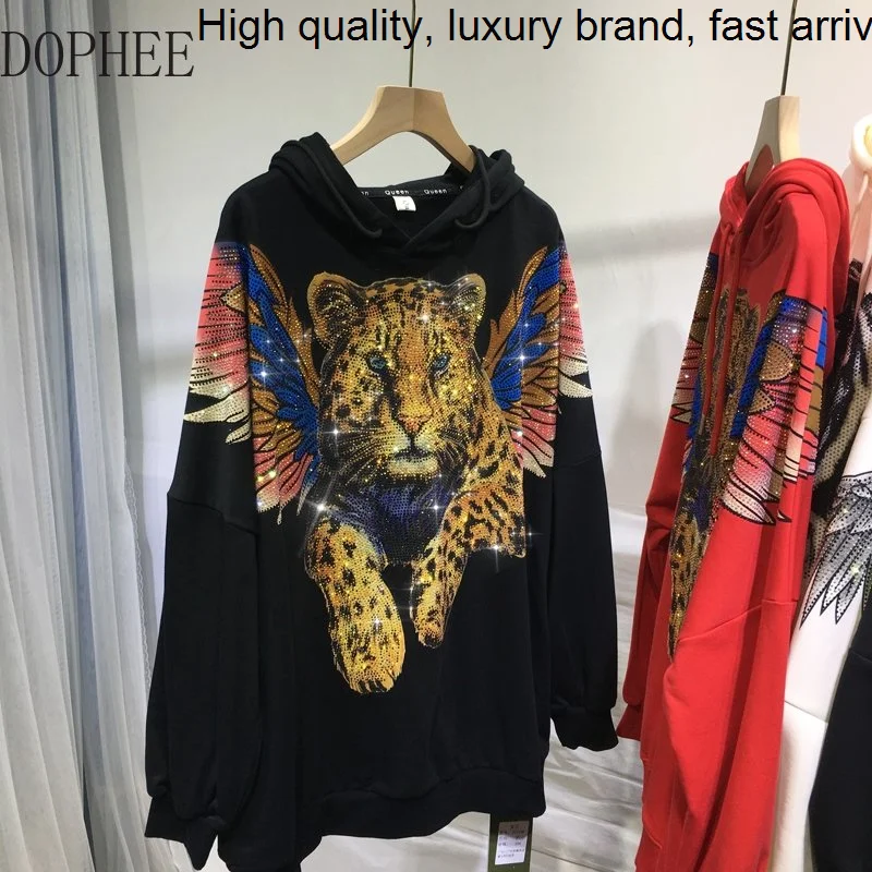 

Hot Drilling Luxury Domineering Panther Hooded Pullover Top Women Big Wings Autumn Winter Clothes Streetwear Loose Sweatshirt