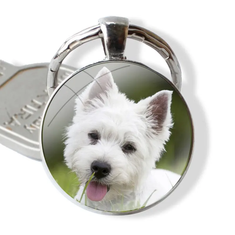 West Highland Terrier Westie Dog Glass Metal Pendant Key Chain Classic Men Women Key Ring Accessories Jewelry Gifts