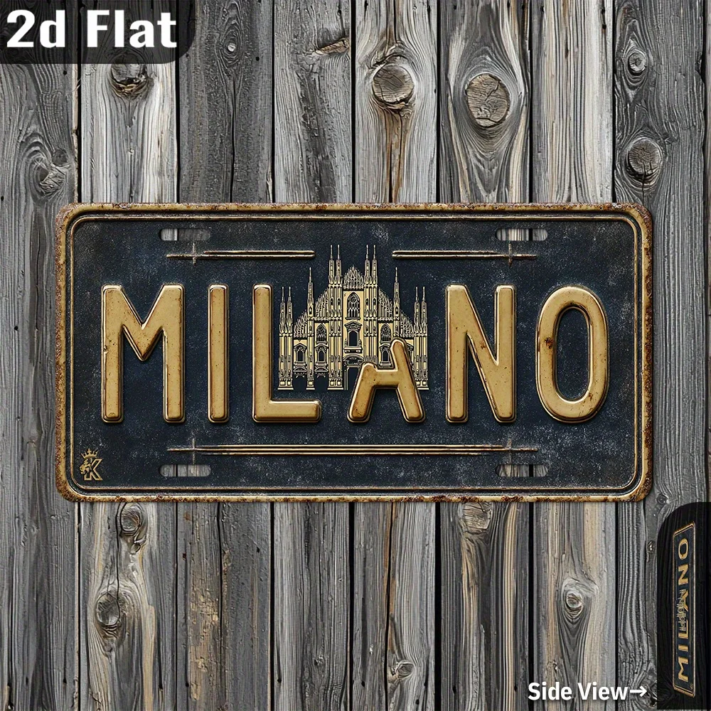 2D Flat, [], 1pc, Italy, Metal Vintage Aluminum Sign, Outdoor Plaques And Wall Art (30.23Cm X 15.24Cm), Milan, Retro Home Decor