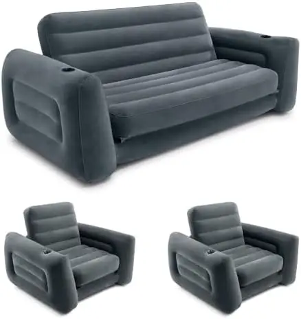 Inflatable Furniture Set with Queen Sized Pull-Out Sofa Bed and 2 Sofa Sleepers, Gray - Air Mattress, Portable Couch