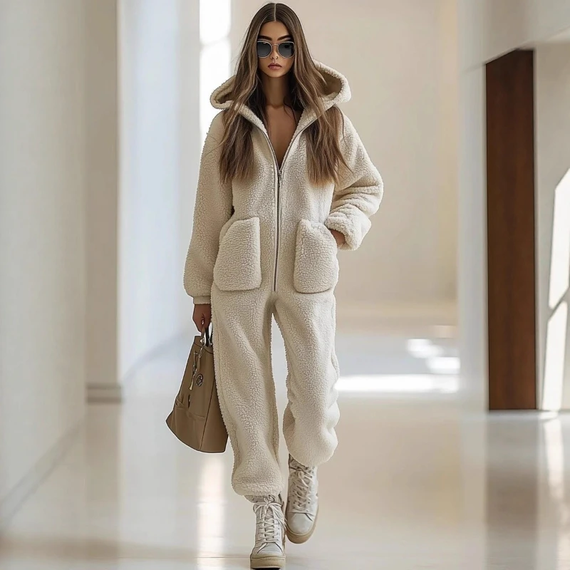 

2025 Autumn and Winter New Hooded V-neck Solid Color Pocket Loose Straight Plush Jumpsuit Pants