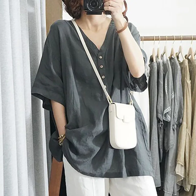 Plus Size Women's Summer Fashion Simple V-Neck Short Sleeve Blouse Loose Thin Comfortable Office Lady New Arrival image 2