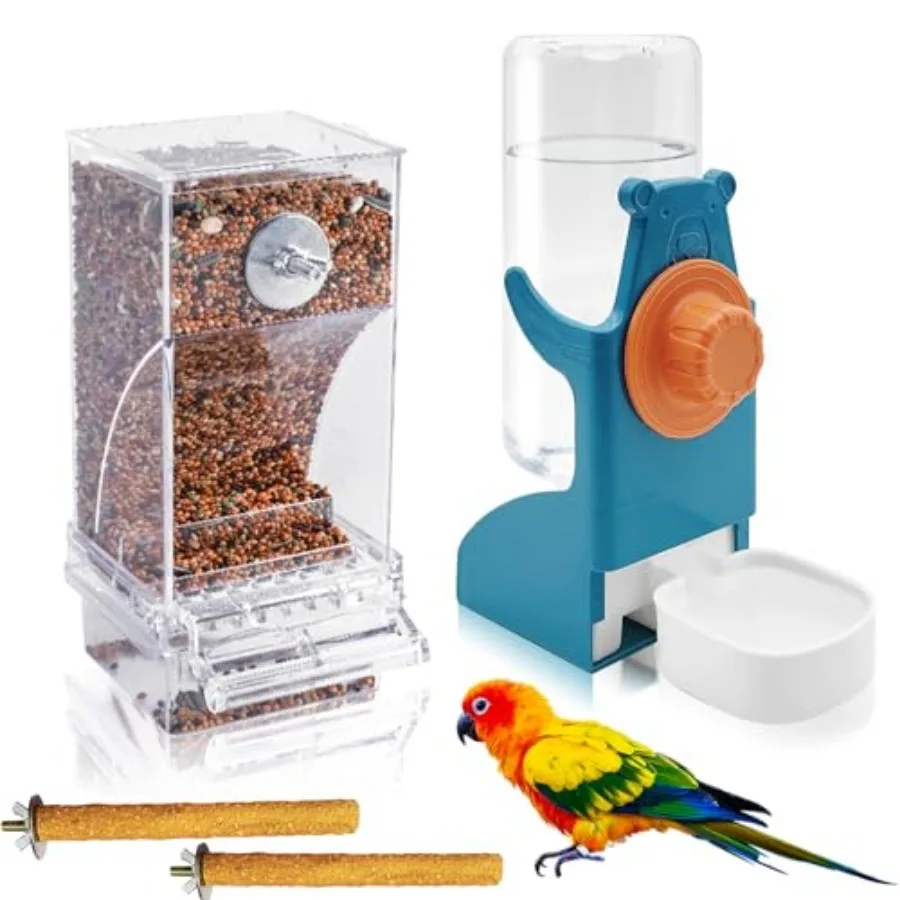

No Mess Bird Feeder with Water Dispenser, Automatic Parrot Feeder Drinker Parakeet Seed Dispenser Food Container with Cage Perc