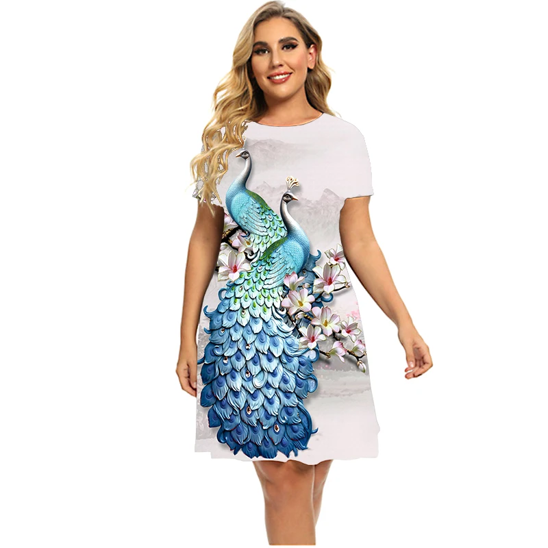 2023 elegancka sukienka damska casualowy krawat Dye Peacock 3D Print Vintage luźna sukienka oversize kobiety lato z krótkim rękawem sukienek
