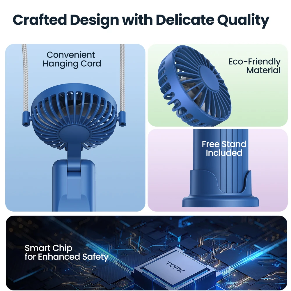 TOPK 5000mAh Mini Portable Fan USB Rechargeable Hand Held Fan,Small Pocket Fan 3 Speeds with Lanyard &Base,USB Desk Fan Foldable image 3