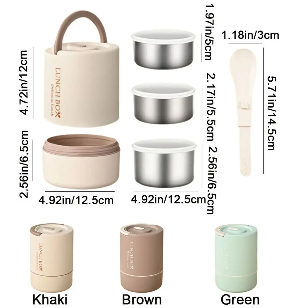 صندوق غداء من الفولاذ المقاوم للصدأ مكون من 3 طبقات، صندوق غداء حراري مستدير بسعة كبيرة مع ملاعق، مجموعة حاوية غداء محكمة الغلق للنزهة #6