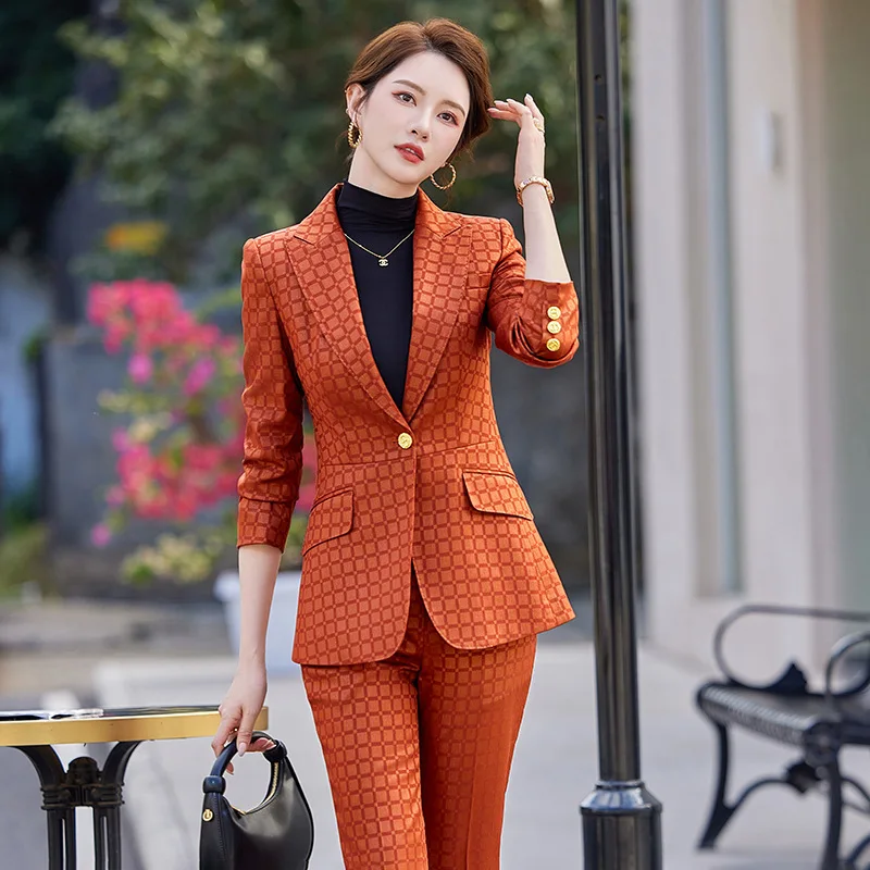 Fashion Business Women Work Wear Spring New High Quality Plaid Blazer and FLARE PANTS Suit Shows Calm Capable Temperament