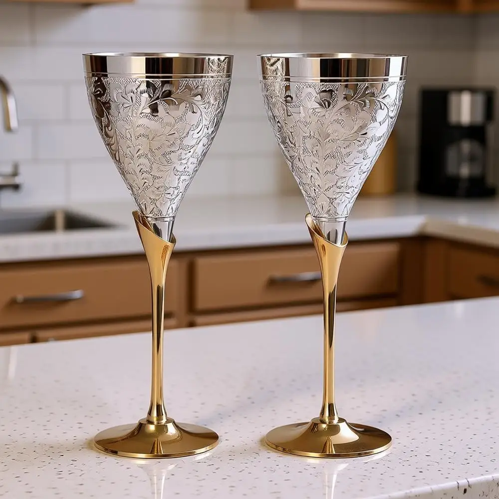 

Champagne Silver Plated Engraved Toasting Flutes Set of 2 Brass Chalice Wine Goblets Engraved Goblet Champagne Glass Liqueur Gla