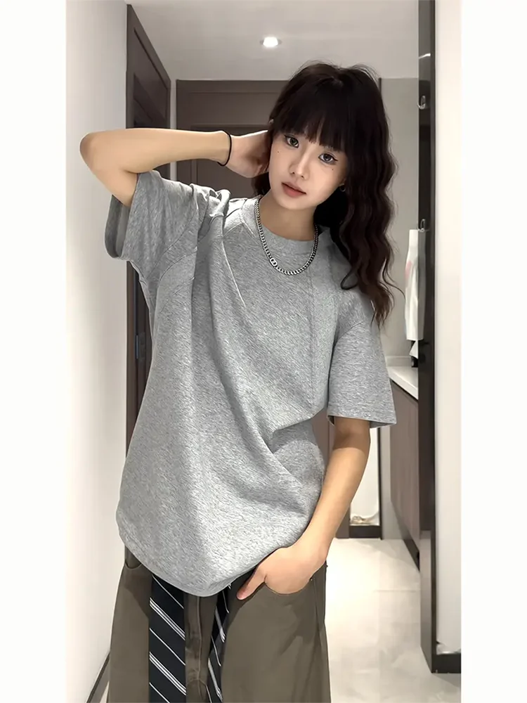 아메리칸 슬레 헤비웨이트 디컨스트럭티드 오르트 스베 여성 여름 클린핏 스몰 칼라 숄더 티셔츠 루즈 탑 (커플용)