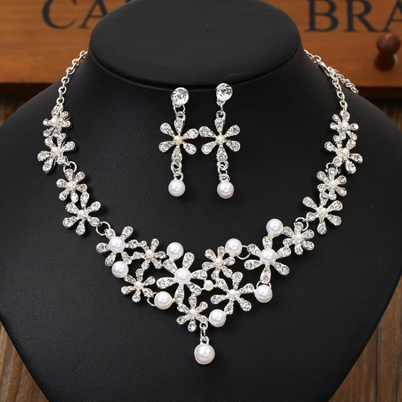 

High End Fashion Sunflower Rhinestone Set with 2 Pieces Pearl Earrings Necklace Bridal Makeup Dance Party Jewelry Wedding Gift
