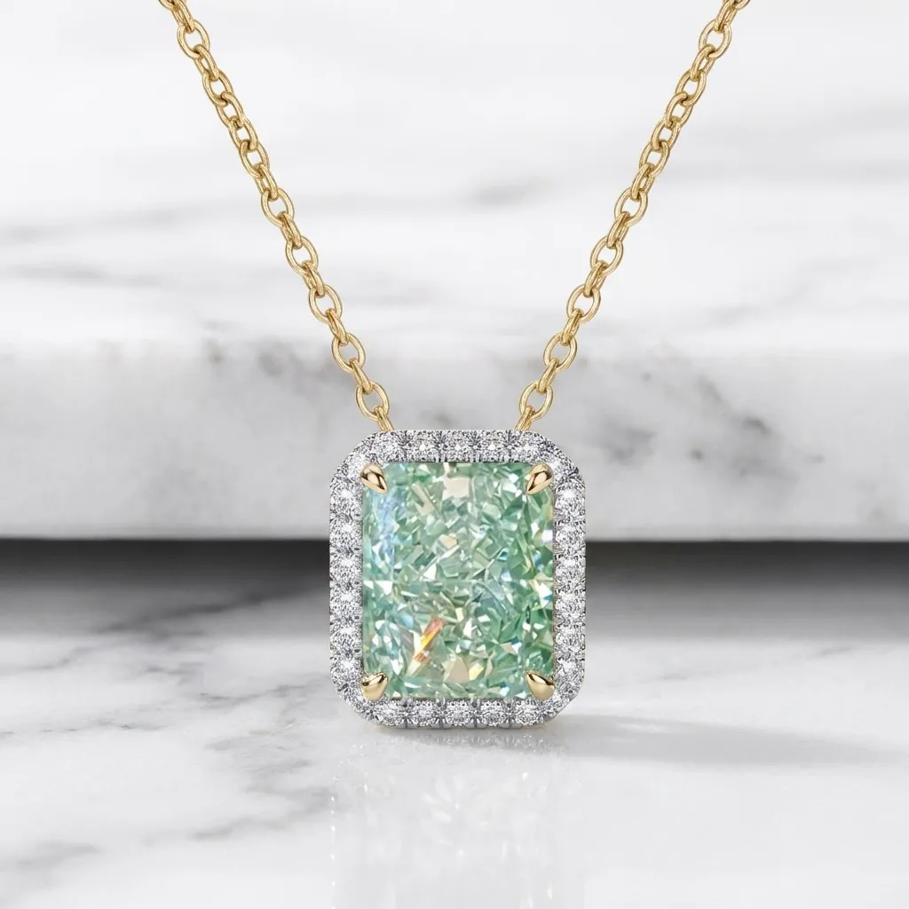 Bocarman Mintgrüner rechteckiger Anhänger aus S925-Silber, platiniert, mit eisgeschnittenem Zirkon, Halskette für Damen, hypoallergener Schmuck – Detail 3