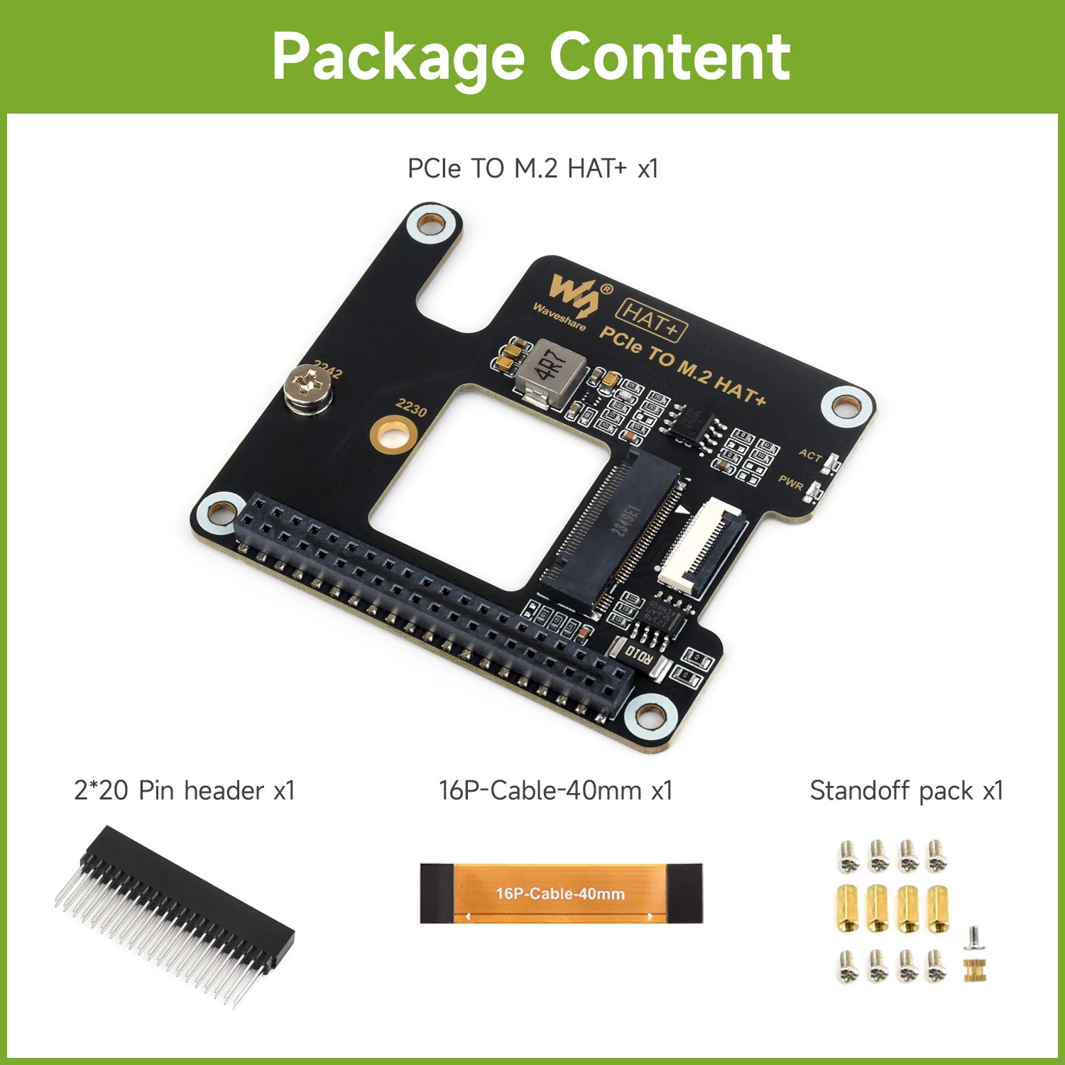 Waveshare PCIe To M.2 Adapter for Raspberry Pi 5, Supports NVMe Protocol M.2 Solid State Drive, Options for 128GB/256GB SSD