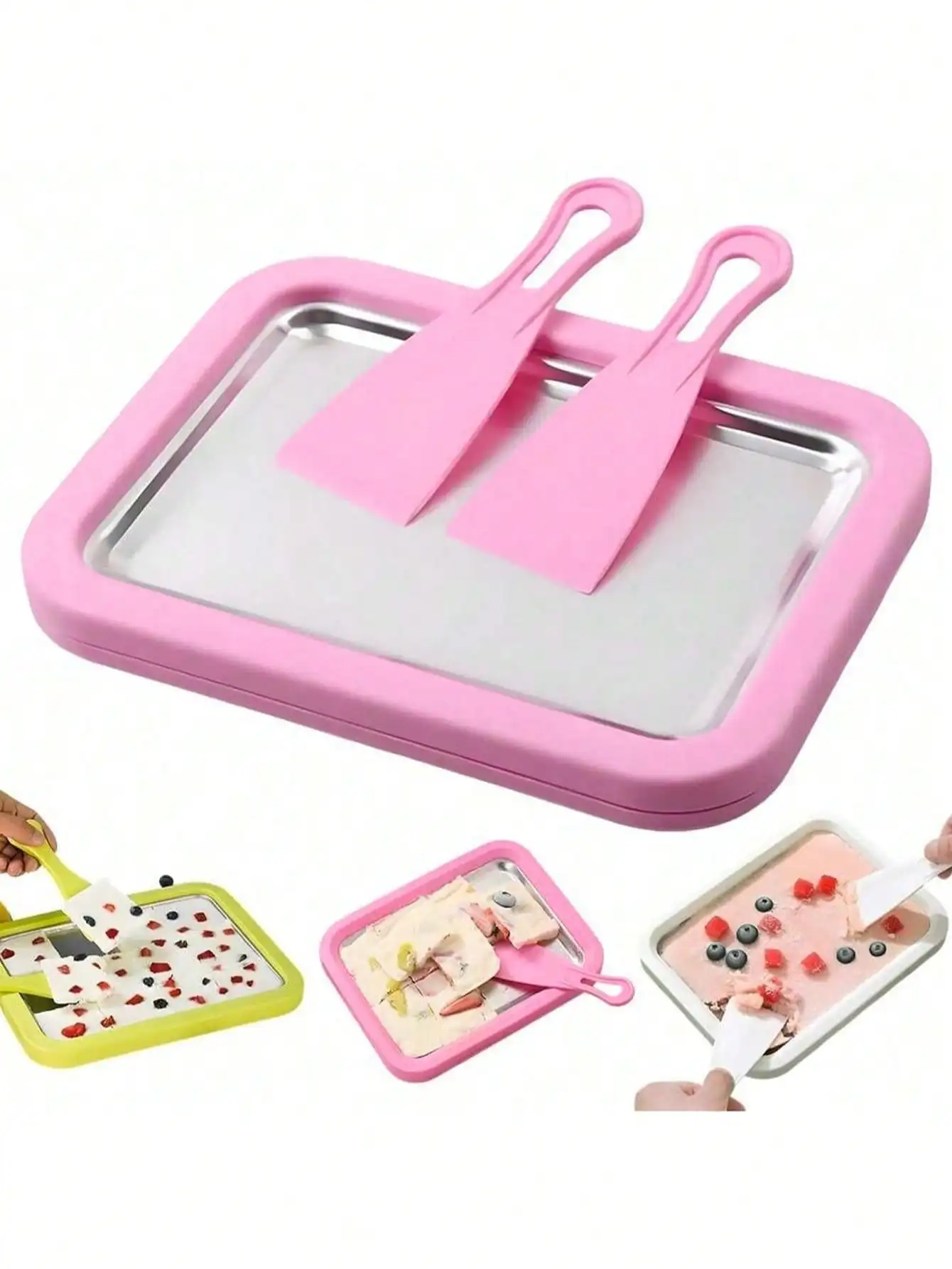 

3Pcs Ice Cream Roller Set, Stainless Steel Frozen Dessert Maker with Tray & Scrapers for Home Party Drinks