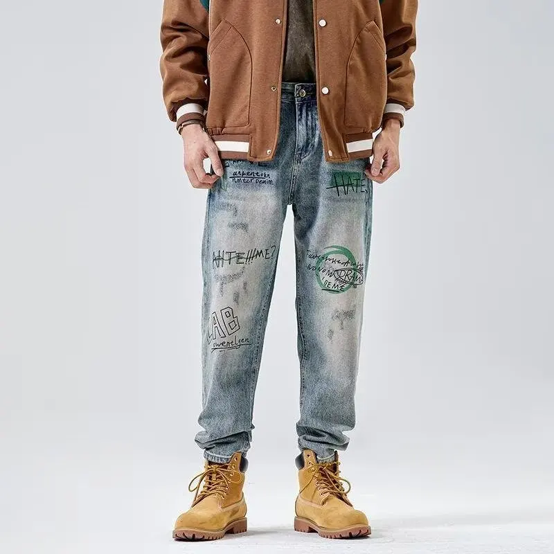2025 Loose Washed Denim Jeans Men's Autumn Vintage Nine Points Harem Pants Harajuku High Street Workwear Straight Leg Jeans