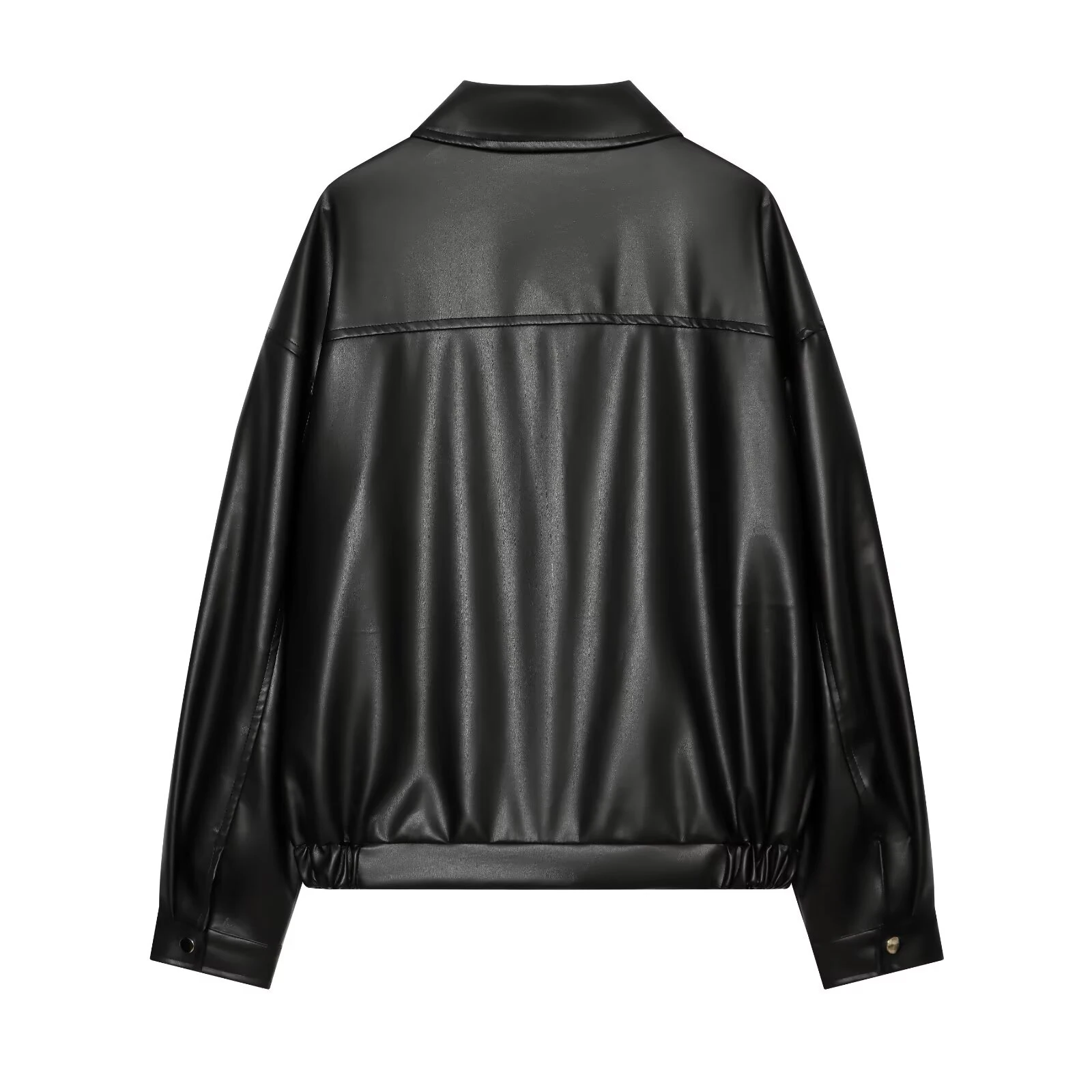Autumn New Arrival Women's French Office Style Flared Collar Long Sleeve Zippered PU Leather-Like Short Jacket Coat