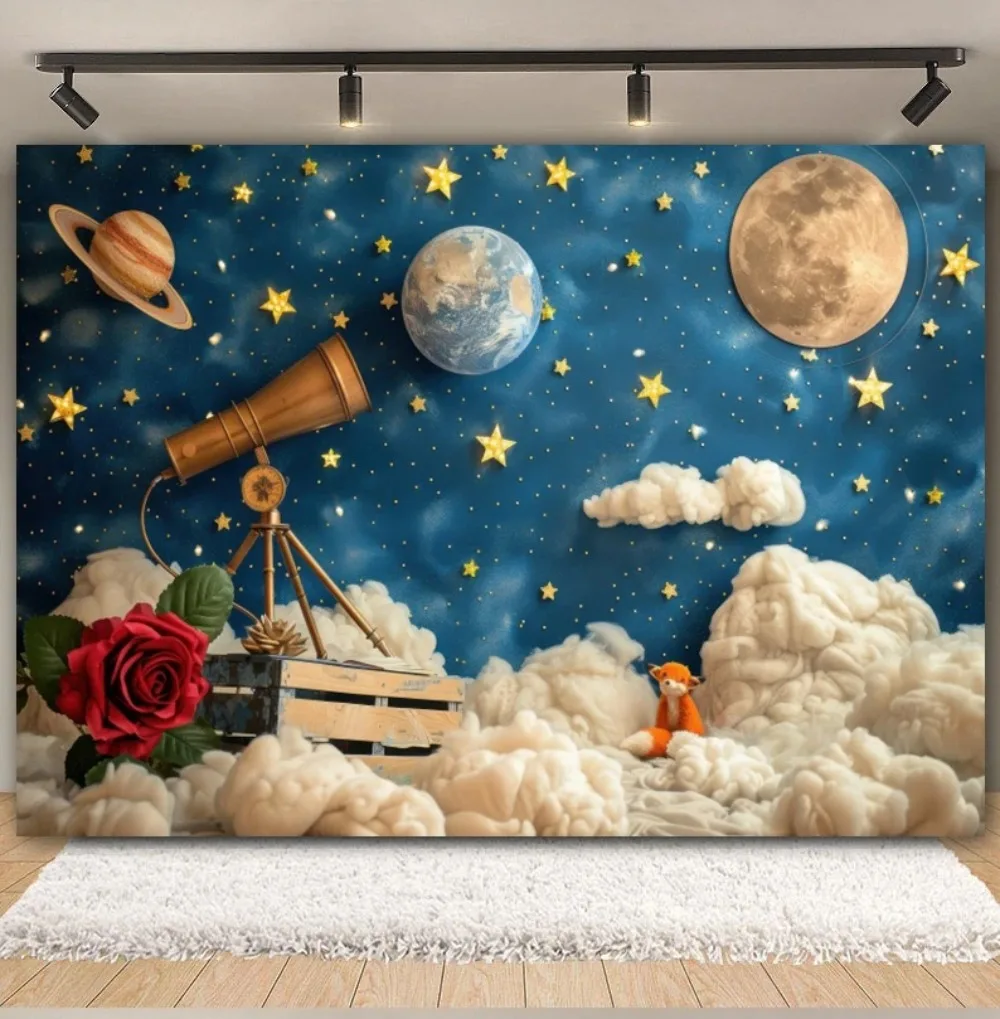 

Galaxy Space Starry Sky Cloud Theme Birthday Photography Background, Children's Birthday Party Decoration Photography Background