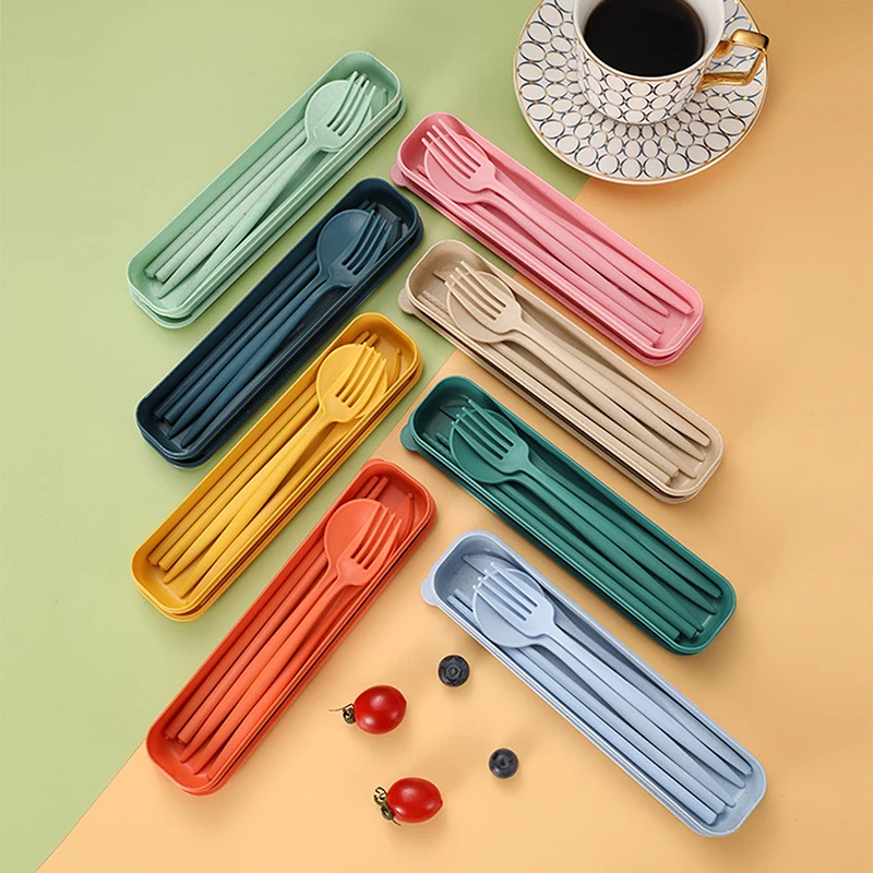 4Pcs Portable Utensils With Box Healthy Wheat Straw Cutlery Reusable Chopstick Fork Knife Spoon Tableware Set