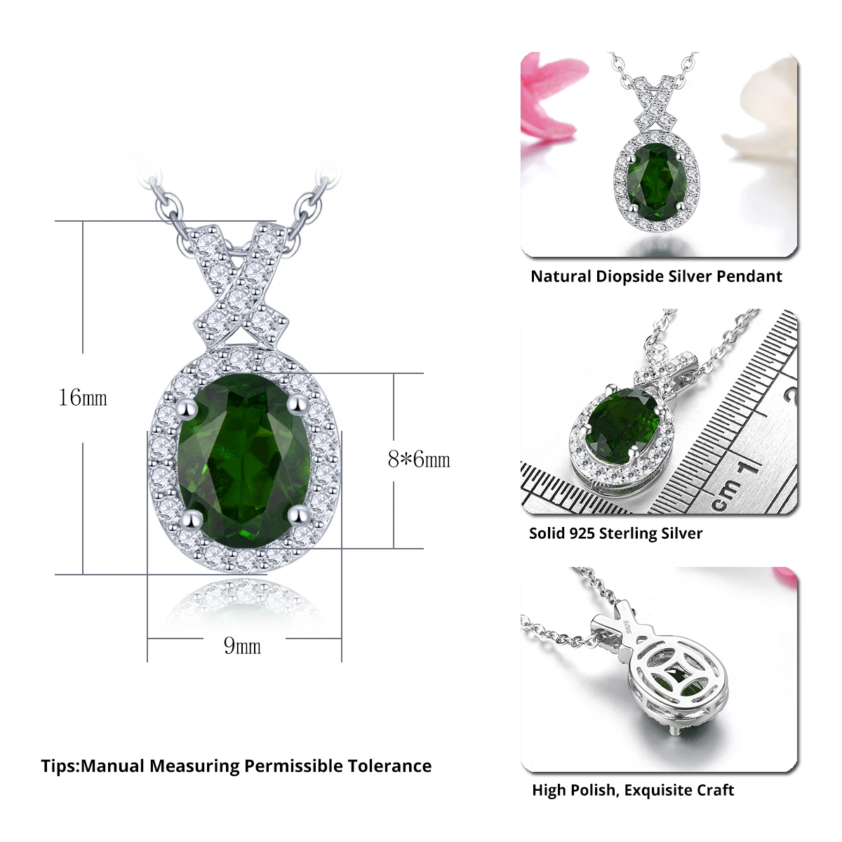 Natural Chrome Diopside Solid Sterling Silver Pendants 1.37 Carats Genuine Gemstone Women Classic Romantic Fine Jewelry Design