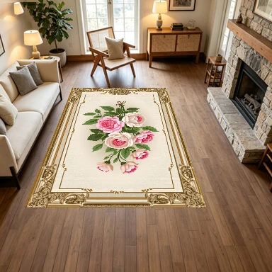 Vintage Golden Frame Pink Rose Bouquet Floral Carpet Flooring, Classic Elegant Flower Non-Slip Floor Rug for Living Room Bedroom Home Decoration