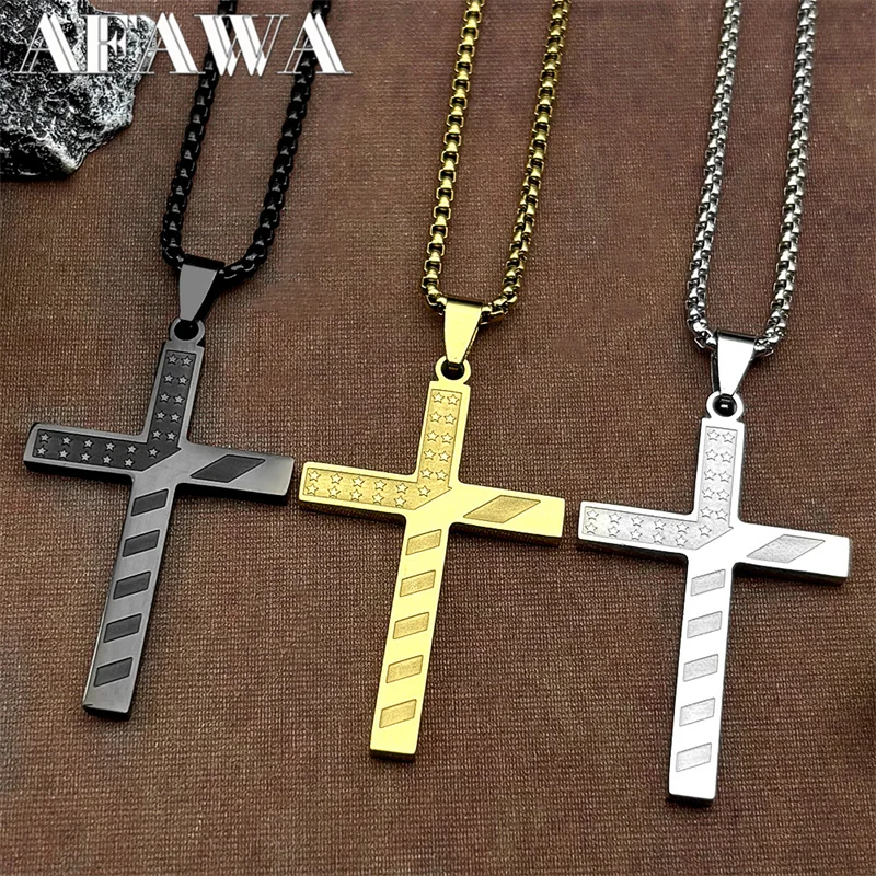 The Star-Spangled Banner Cross Pendant Necklace for Women Men Stainless Steel Gold Color American Independence Day Jewelry