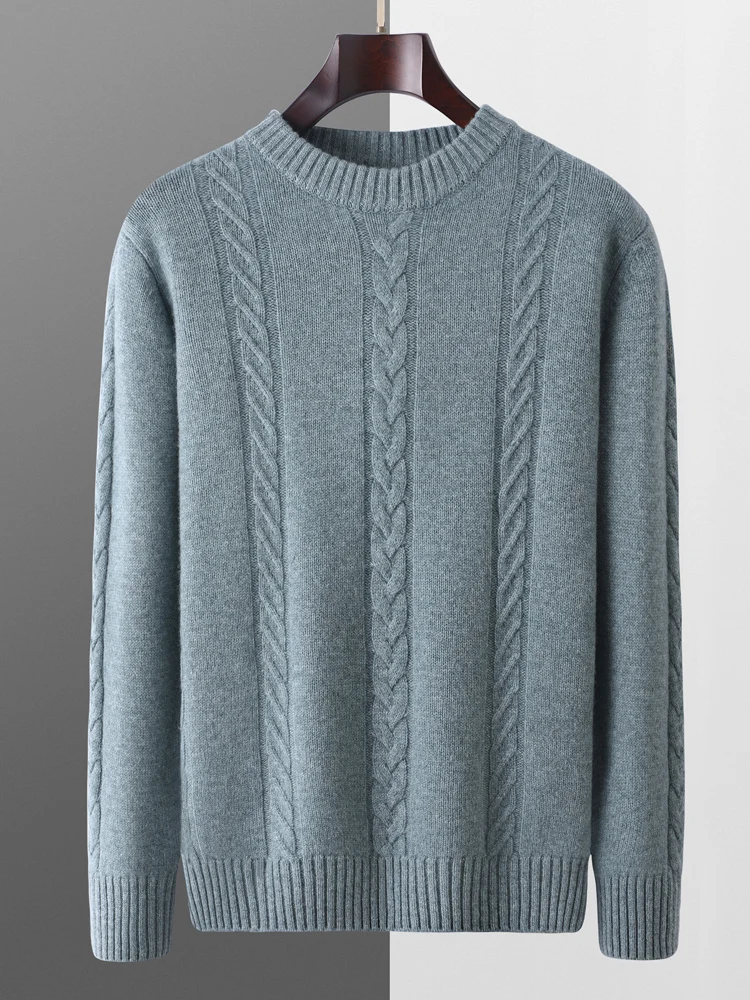 New Chic Men's 100% Merino Wool Knitted Sweater O-Neck Cable Stitch Pullover Autumn Winter Smart Casual Tops Soft Warm Clothing