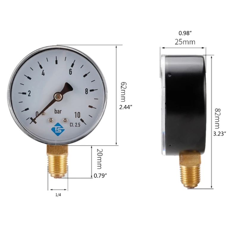 Pressure Gauge Stainless Steel+Copper 1/4 NPT Thread Water Pressure Meter 60mm 0-10 bar for Air Water Oil