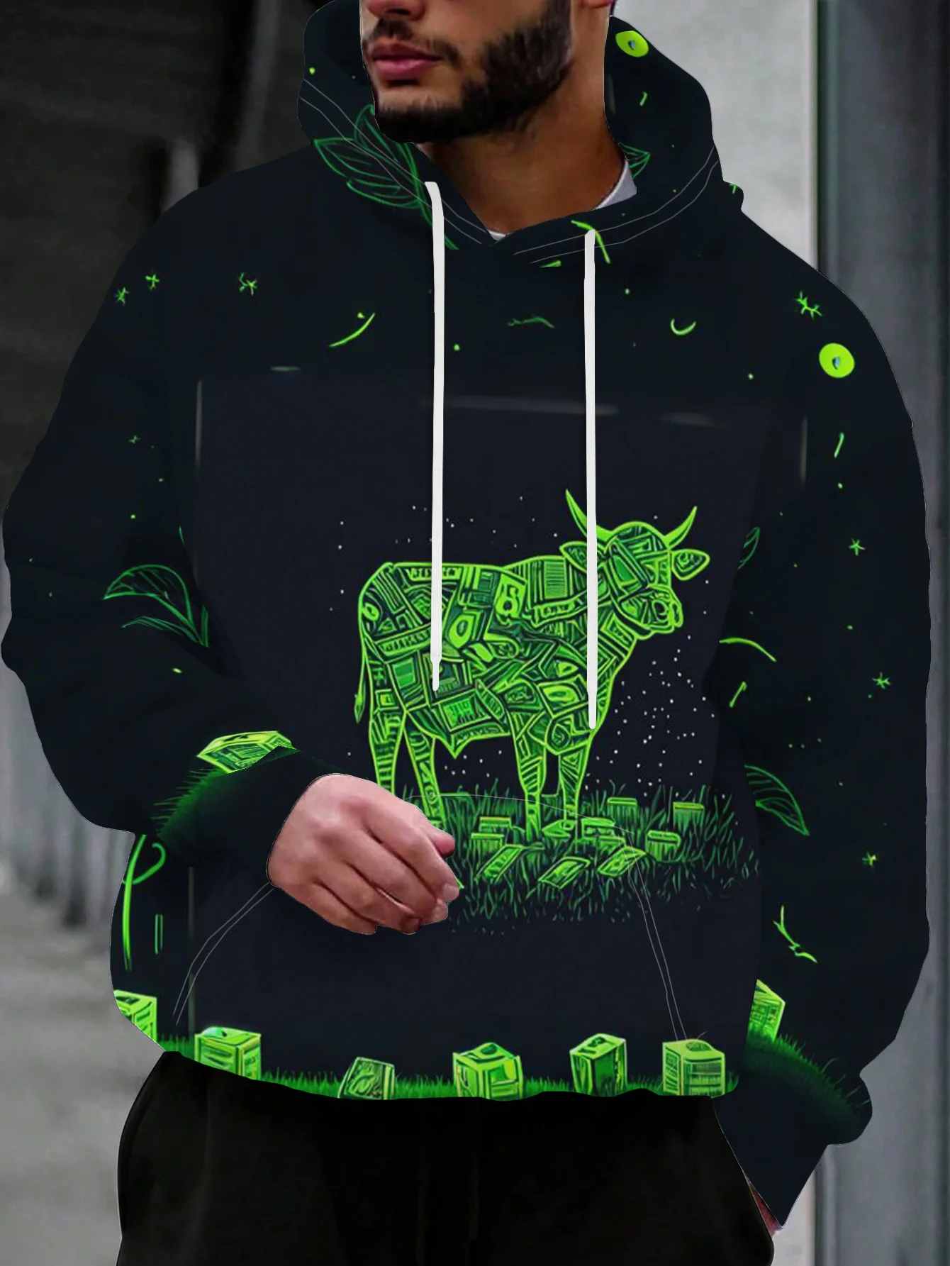 Men Green Bull Money Stack Circuit 3D Print Hoodie Stock Market Theme Long Sleeve Casual Oversized Hooded Pullover