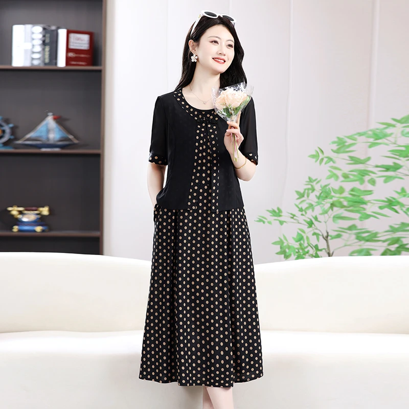 女性ヴィンテージドットプリントミディ Dress2025 ファッションエレガントな女性偽二枚スプライシングプルオーバーカジュアルローブ