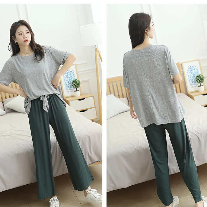 

Ladies Round Neck Pajamas Short Sleeve 2Pcs Loose Nightwear Solid Color Sleepwear Casual Homewear Loungewear Shirt Pant