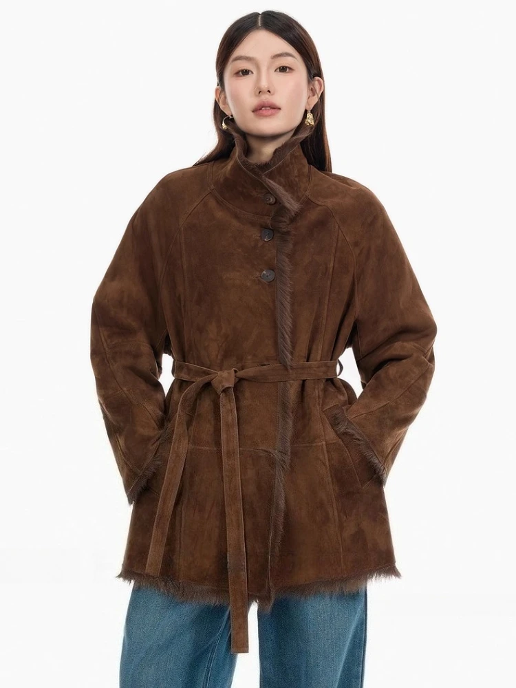 Luksusowe kurtki damskie zamszowe z owczej skóry Toskania, eleganckie, ze stójką, średniej długości, z prawdziwej skóry naturalnej z futrem i paskiem.