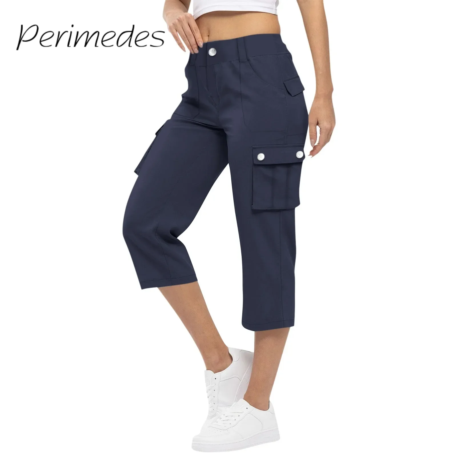 

Women'S Cargo Capris Relaxed Fit Drawstring High Waist Button 3/4 Length Pants Summer New 2024 Casual Trousers Multi-Pockets