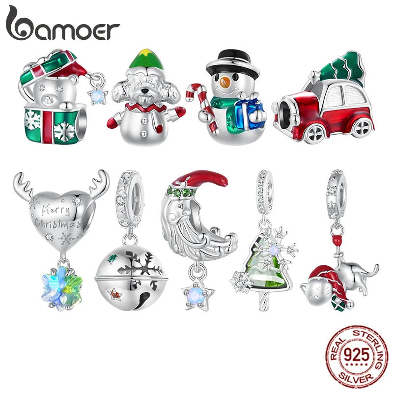 Bamoer 925 Sterling Silver Christmas Snowman Moonlight Santa Pendant Charm Gift Box Elk Car Bead Women Fit Bracelet DIY Necklace