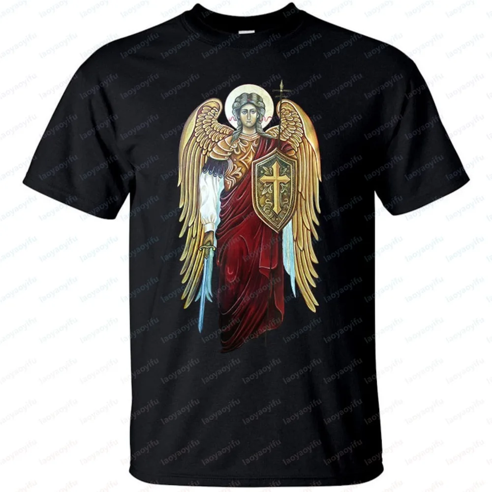 T-shirt en coton Archangel Michael, motif Guerrier Sacré, style dévotionnel, tendance streetwear, vêtements religieux pour femmes et hommes