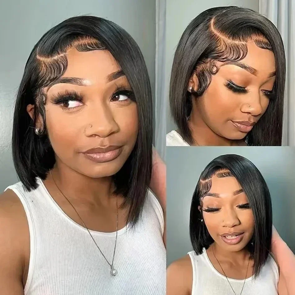 

13x4 Bob 14Inch Brazilian Lace Front Wig ﻿For Black Women Straight 200%Density HD Transparent Lace Front Human Hair Wigs