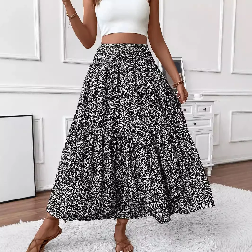 Women's Boho Floral Print Skirt Vintage High Waist Maxi Skirts Summer Casual Loose Beach Skirt Elegant Ladies Flowy Ruffle Skirt