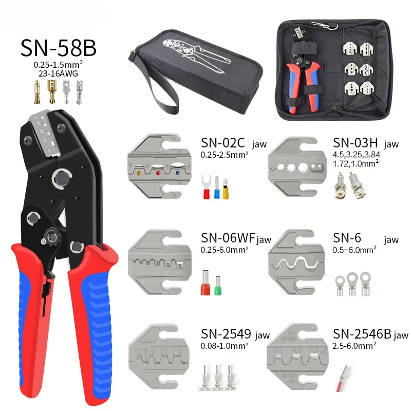 BIESUO Ratchet Crimping Tool SN-58B Kit for XH2.54/DuPont2.54/2.8/4.8/6.3/uninsulated/ferrule Terminals (0.25-1.5mm ²) 23-16AWG