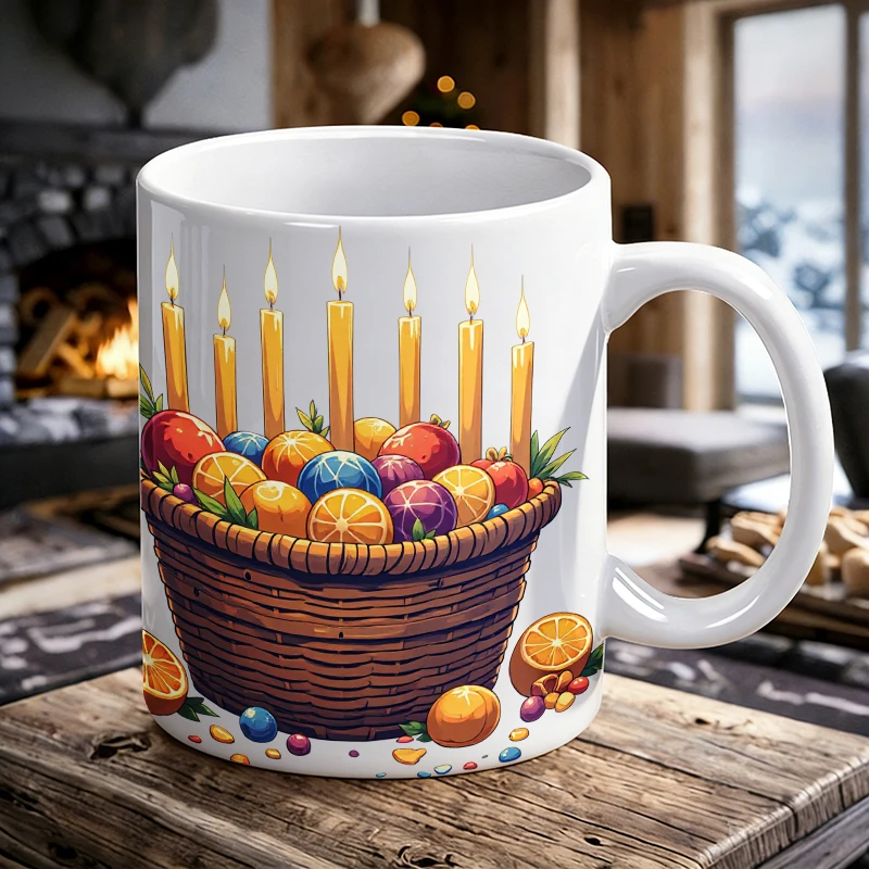 

Hanukkah nine-branched candlestick fruit basket ceramic mug, coffee cup, milk cup, office tea cup, drinking cup, fade-resistant
