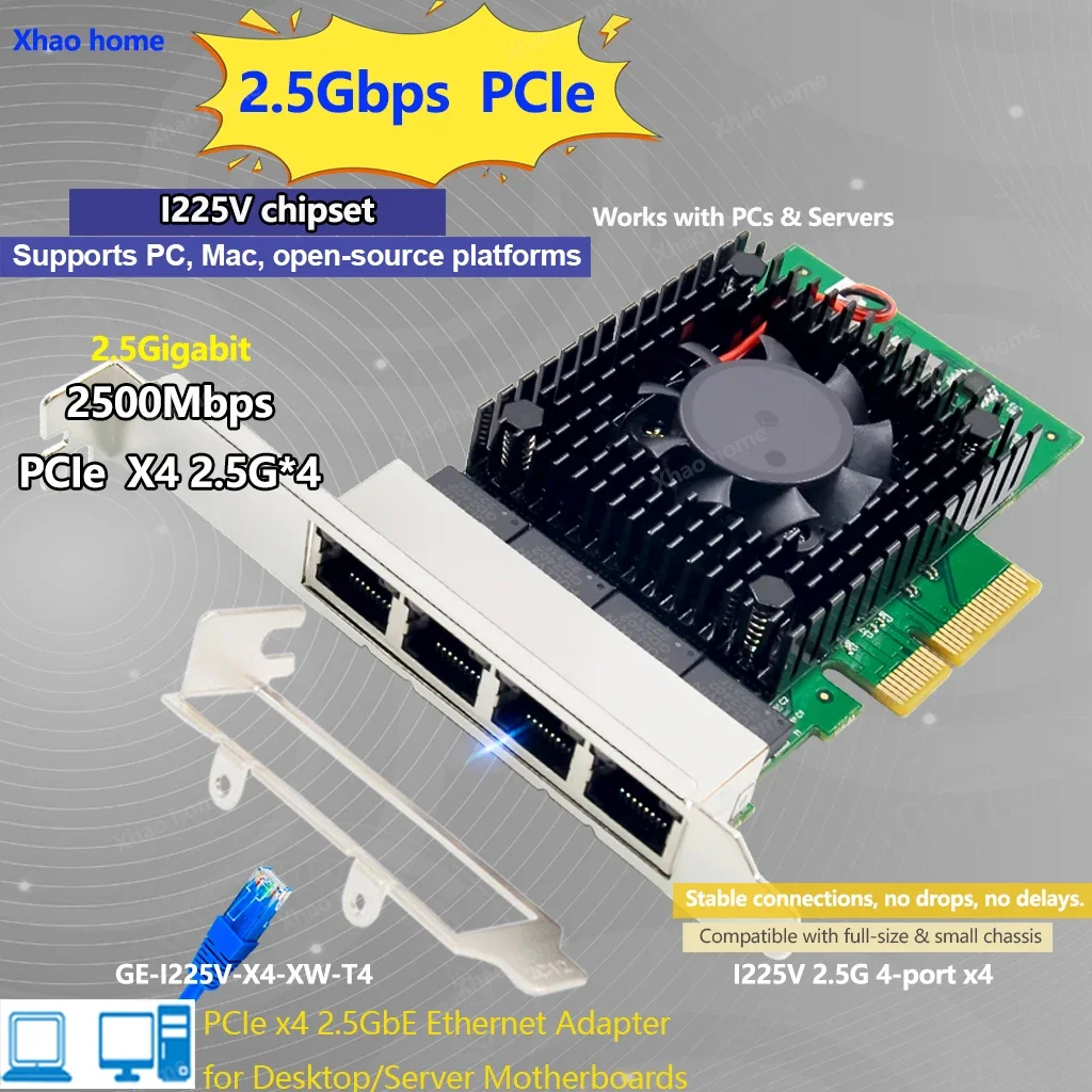 4-Port 2.5G PCIe Network Card For Intel I225V Chip 2500Mbps Ethernet Adapter RJ45 LAN NIC PC/Server  for Win11/10/8/7/XP & Linux