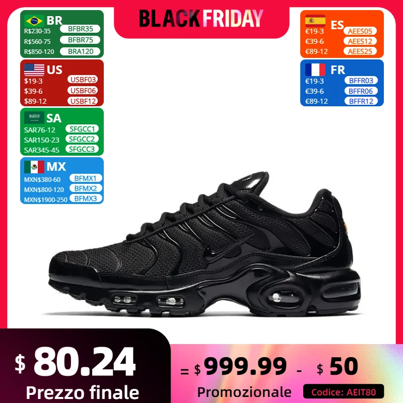 Nike Original Air Max Plus Low Men's Casual Running Shoes Retro Comfort Shock Absorption Sneakers Black