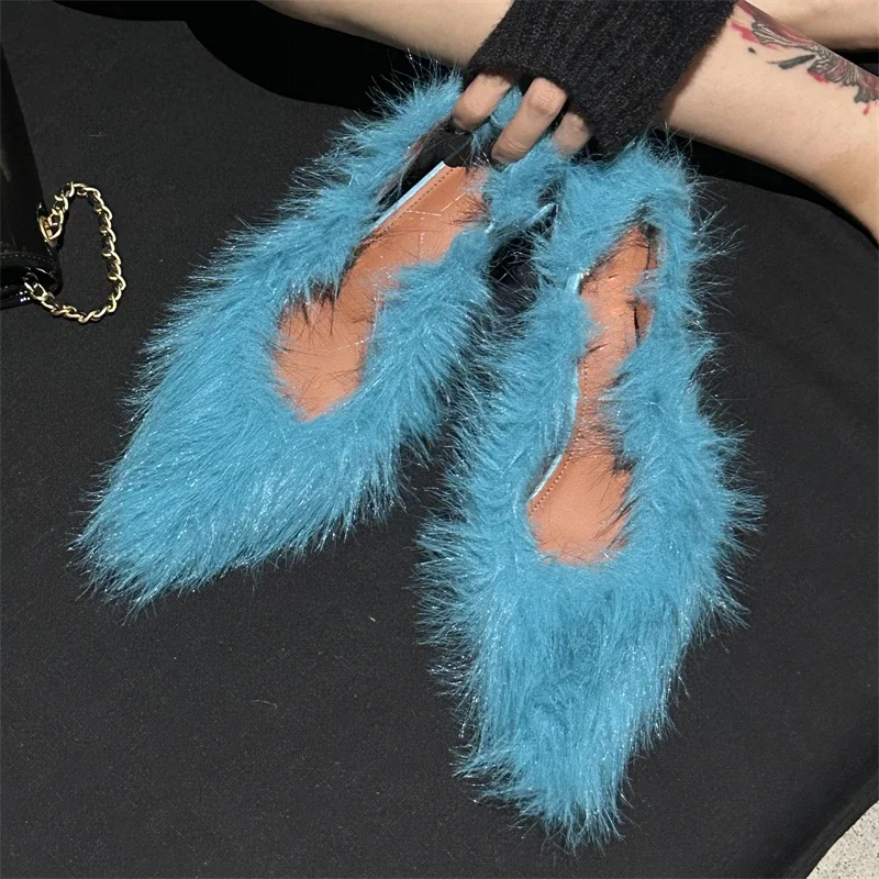 Eilyken Sexy Furry Corduroy Pointed Toe Woman Pumps Sandals Fashion Design Slingbacks Thin Heels Banquet Party Shoes