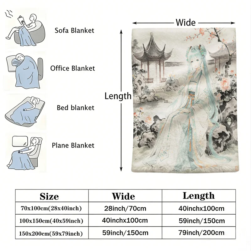 Hatsune Miku Hanfu Style Flannel Throw Blanket Bedroom Decor Ink Wash Anime Nap Blanket Air Conditioner Throw Sofa Throw Cover