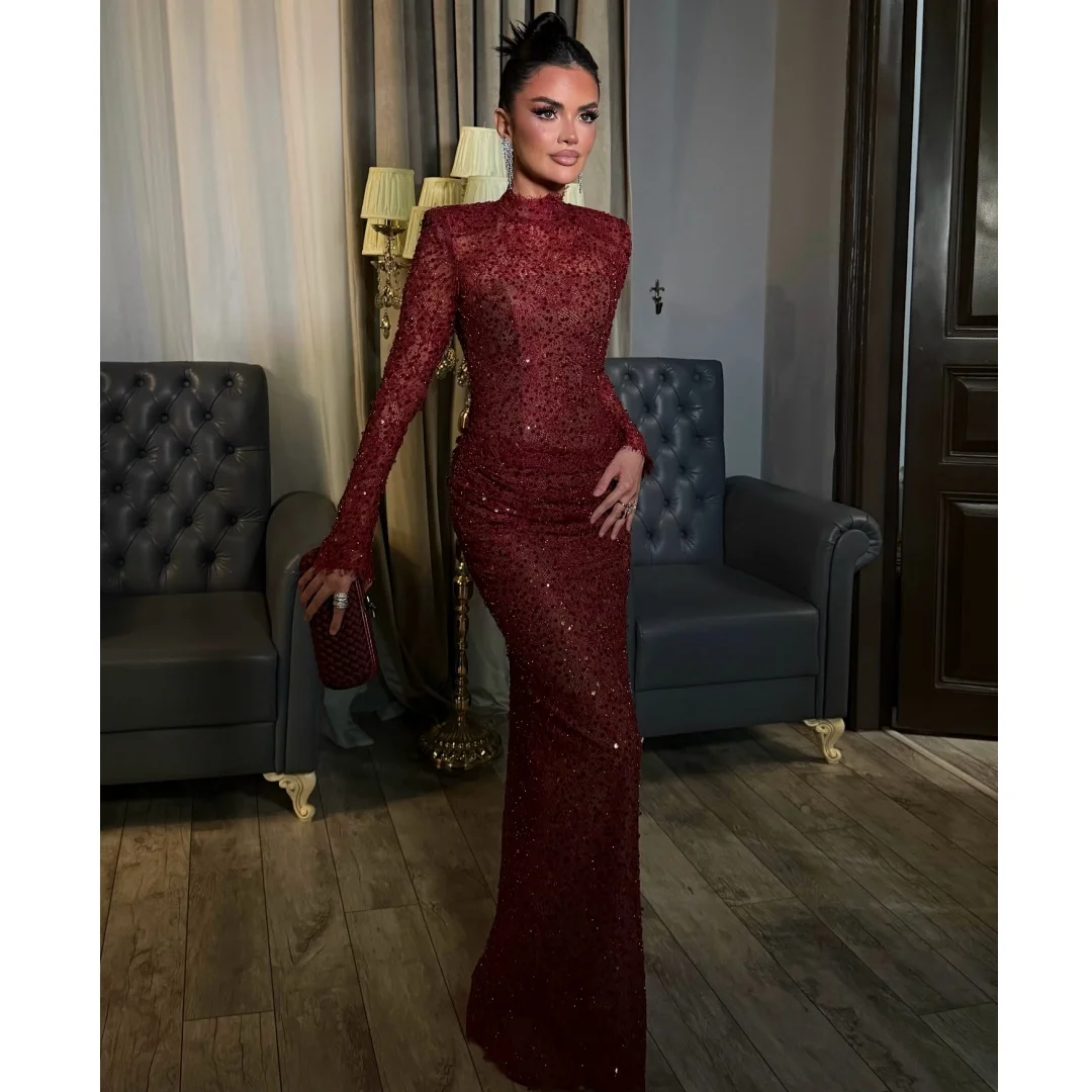

Burgundy Evening Dresses Woman High Collar Sequin Prom Dress Long Sleeves Wedding Party Gown Customized Pleat Vestidos