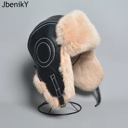 New 2024 Winter Men's 100% Real Rabbit Fur Bomber Hat Ushanka Cap Trapper Russian Man Ski Hats Caps Real Sheepskin Leather