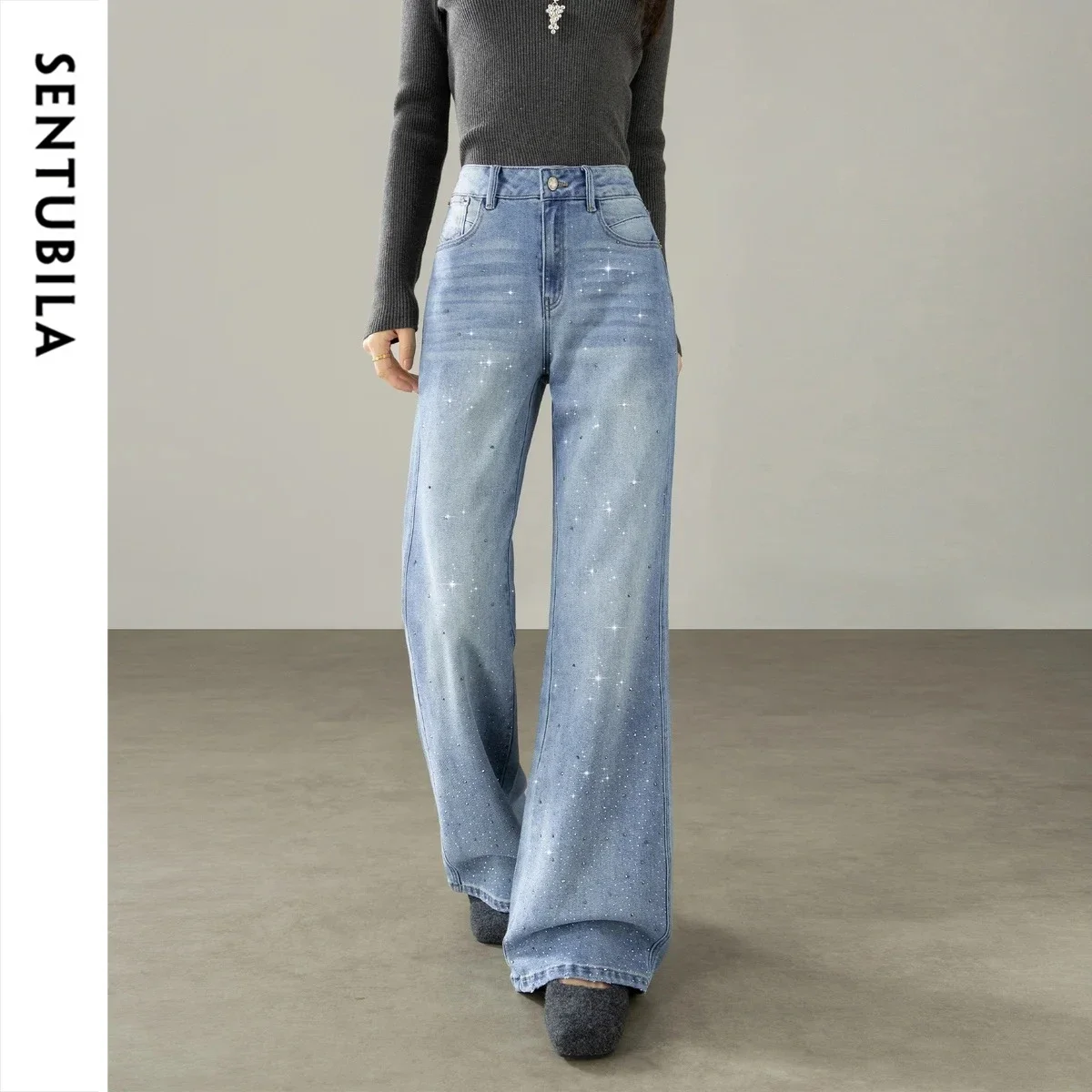 SENTUBILA Women Flared Jeans 2026 Autumn Vintage Hotfix‑rhinestone Sparkly Versatile Stretchy Slim Fit Denim Pants W63NE7590