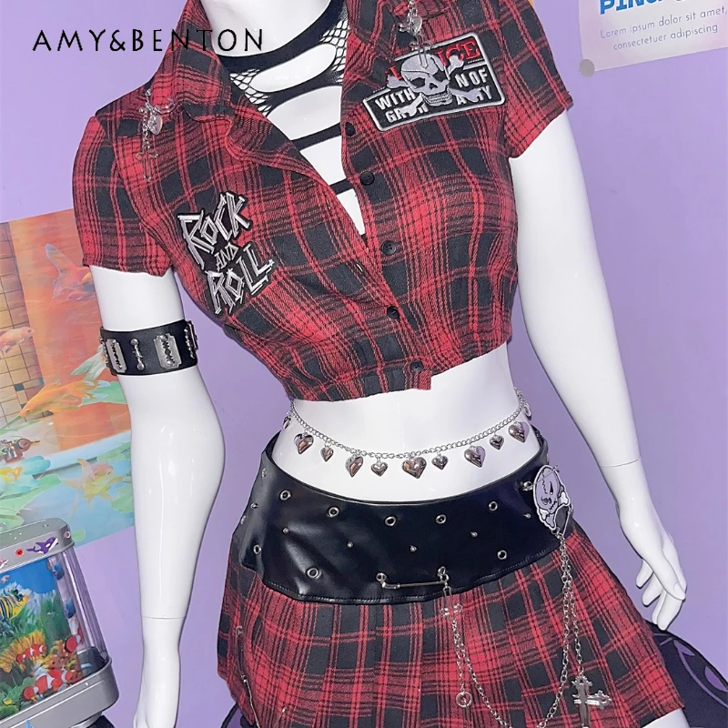 

Autumn New Design Red Plaid Splicing Women's Shirt European American Y2K Hot Girl PU Leather Pleated Short Skirts Set Ladies
