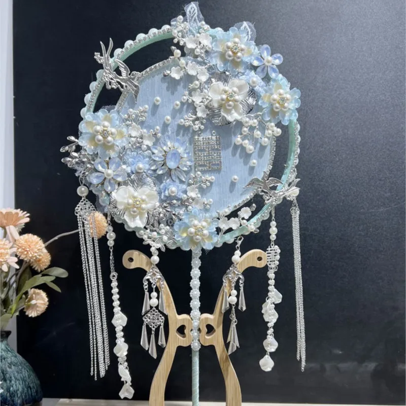 

Chinese Ancient Style Wedding Ceremony Tuan Fan Blue Pendant Bride's Fan Finished Product Xiuhe Fan Wedding Holdheld Fan ZG846